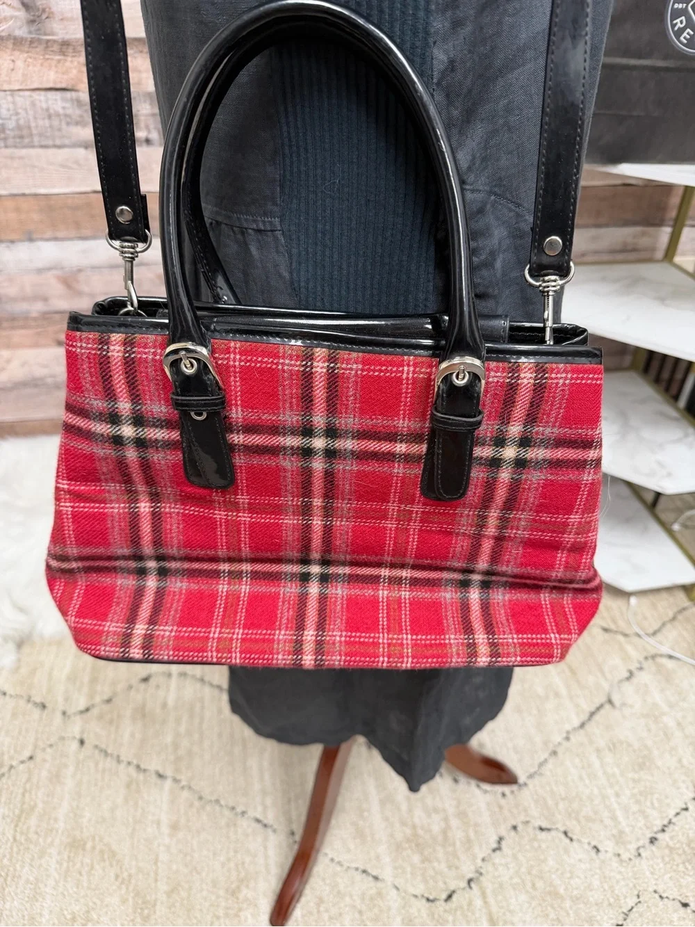 Sonoma Red & Black Plaid Handbag Leather Trim